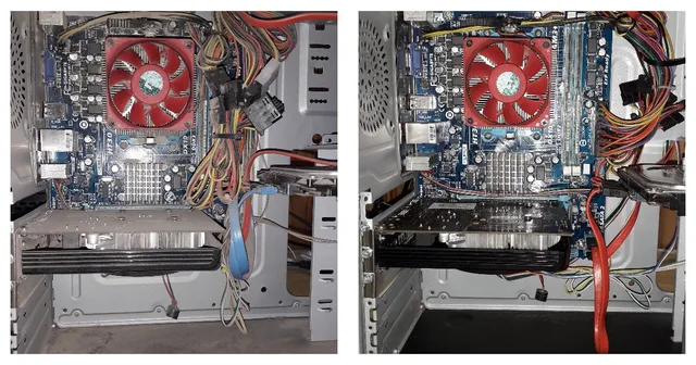 Interior de un gabinete con polvo y cables sueltos, y el mismo equipo limpio y con el cableado ordenado