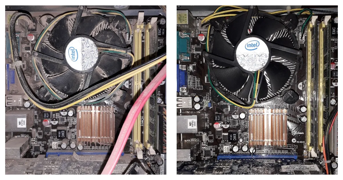 Cooler Intel de procesador tapado de polvo y el mismo cooler limpio sobre la placa madre