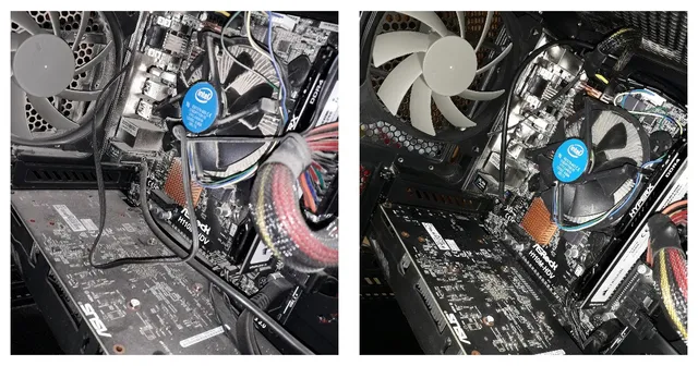 Interior de una PC de escritorio con polvo sobre la placa de video y el mismo equipo después de la limpieza
