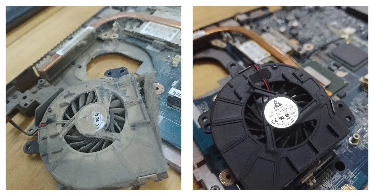 Ventilador de notebook obstruido por polvo y el mismo ventilador después de la limpieza